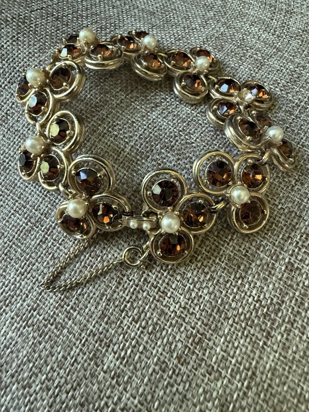 Vintage Bogoff Topaz Color Rhinestone Chunky Link Gold Tone Chain Bracelet